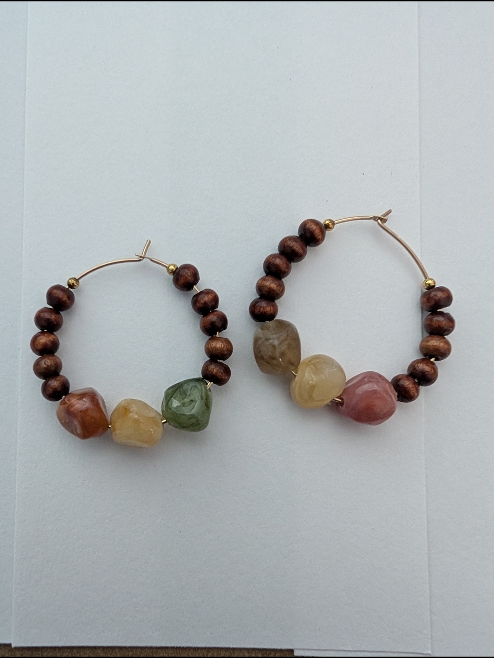 Handmade Multicolor Stone & Wood Bead Hoop Earrings